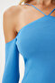 Women's Blue Crossed Drawstring Knitwear Blouse Fn03340 - 4