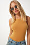 Women's Mustard Crew Neck Snap Fastener Woven Bodysuit Fn03363 - 2
