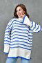 Women's Side Slit Off-Shoulder Long Sleeve Turtleneck Blue Striped Oversize Knitwear Sweater 2544 - 6