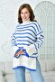 Off-Shoulder Side Slit Turtleneck Long Sleeve Blue Striped Oversize Knitwear Sweater 2544 - 5