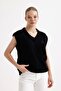 Women's Embroidered V-Neck Black Sweater - 2