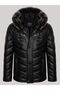 Genuine Leather Collar with Fur Black Straight Line Detail Four Pocket Puffer Men's Leather Coat