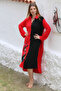 Black-Red Shirt Collar Buttoned 3/4 Sleeve Buttoned Embroidered Woven Casual Dress - 3
