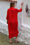 Black-Red Shirt Collar Buttoned 3/4 Sleeve Buttoned Embroidered Woven Casual Dress - 8
