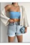 Women's Blue Double Leg Denim Shorts - Blue Snow Wash Shorts Curly Leg - 2