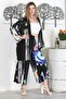 Black Kimono Collar Long Sleeve Allover Printed Elastic Waist Wide Leg Casual Woven Set