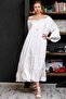 Women's White Carmen Collar Long Dress with Elastic Shoulders and Tie10160000el95589 - 2