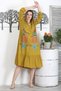 Mustard Colored Shirt Collar Buttoned Long Sleeve Skirt Frilly Embroidered Casual Woven Dress - 3