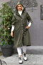 Women's Khaki Hooded Long Sleeve Pocket Lined Gathered Midi Oversize Casual Woven Trench Coat