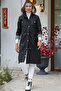 Women's Black Hooded Long Sleeve Pocket Lined Gathered Midi Oversize Casual Woven Trench Coat - 6