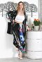 Black Kimono Collar Long Sleeve Allover Printed Elastic Waist Wide Leg Casual Woven Set - 3