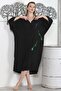 Black V-Neck 3/4 Sleeve Buttoned Hidden Pocket Embroidered Printed Casual Oversize Woven Dress