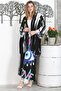Black Kimono Collar Long Sleeve Allover Printed Elastic Waist Wide Leg Casual Woven Set - 4