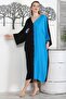 Black-Blue V-Neck 3/4 Sleeve Fatma Mother Hand Buttoned Hidden Pocket Embroidered Casual Woven Dress