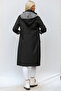 Women's Black Hooded Long Sleeve Pocket Lined Gathered Midi Oversize Casual Woven Trench Coat - 9