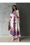 Atlas fabric flower print detailed long design dress with belt