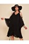 Authentic Voile Cotton Guipure Strap Black Mini Dress with Opening Sleeves