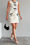 Women's Cream Crew Neck Contrast Bow Knit Mini Dress
