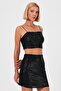 Sequin and Flexible Fabric Lined Crop Bustier with String Straps - Black - 4