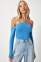 Women's Blue Crossed Drawstring Knitwear Blouse Fn03340
