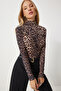 Women's Black Beige Ruched Detail Mock Neck Sandy Blouse FF00135