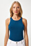 Women's Petrol Blue Crew Neck Snap Fastener Woven Body Fn03363 - 3