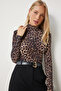 Women's Black Beige Ruched Detail Mock Neck Sandy Blouse FF00135 - 3
