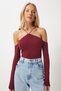 Women's Burgundy Cross Drawstring Knitwear Blouse Fn03340 - 3
