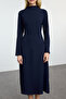 Satin Midi Navy Blue Straight Cut Dress - Twoaw25el00183 - 3