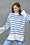 Women's Side Slit Off-Shoulder Long Sleeve Turtleneck Blue Striped Oversize Knitwear Sweater 2544 - 2