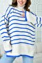 Off-Shoulder Side Slit Turtleneck Long Sleeve Blue Striped Oversize Knitwear Sweater 2544 - 2