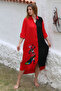 Black-Red Shirt Collar Buttoned 3/4 Sleeve Buttoned Embroidered Woven Casual Dress - 5
