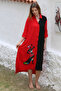 Black-Red Shirt Collar Buttoned 3/4 Sleeve Buttoned Embroidered Woven Casual Dress - 4