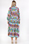 Orange-white Pleated Collar Balloon Sleeve Geometric Patterned Allover Printed Wide Cut Woven Dress - 2