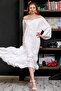 Women's White Carmen Collar Long Dress with Elastic Shoulders and Tie10160000el95589 - 4