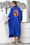Orange-Blue Hakim Collar 3/4 Sleeve Fleto Pocket Embroidered Casual Oversize Woven Dress - 8