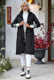 Women's Black Hooded Long Sleeve Pocket Lined Gathered Midi Oversize Casual Woven Trench Coat - 4