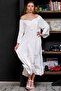 Women's White Carmen Collar Long Dress with Elastic Shoulders and Tie10160000el95589