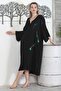 Black V-Neck 3/4 Sleeve Buttoned Hidden Pocket Embroidered Printed Casual Oversize Woven Dress - 2