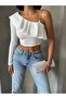 White One Shoulder Gimped Long Sleeve Wrap Blouse - 2