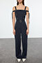 Navy Blue Striped Belted Sleeve Adjustable Tie up Long Jumpsuit Twoaw25Tu00017 - 3