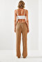 Women's Camel Elastic Waist Ribbed Palazzo Trousers 20223118 - 2