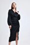 Satin Front Gathered Slit Midi Dress - 2