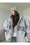 Paradise Text Printed Casual Zippered Sweatshirt Cardigan - Black Oversized Winter Hoodie with Pockets - 2