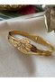 Steel Gold Zircon Stone Leaf Detail Handcuff Bracelet