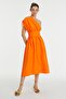One-Shoulder Belt Detailed Gathered Midi Linen Dress
