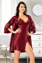 Satin Slit Lace Detailed Nightgown Dressing Gown Double Set 2065 Claret Red