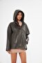 Women's Khaki Color Genuine Leather Jacket Hooded Model - 5