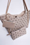 Monogram Printed Mink Shk108 Women's Hand and Shoulder Bag with Snap Fastener Faux Leather Wallet and Makeup Bag - 6