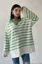 Women's Design Knitwear Fabric V-Neck Striped Pattern Bat Sleeve Detailed Oversize Green Sweater 196 - 3